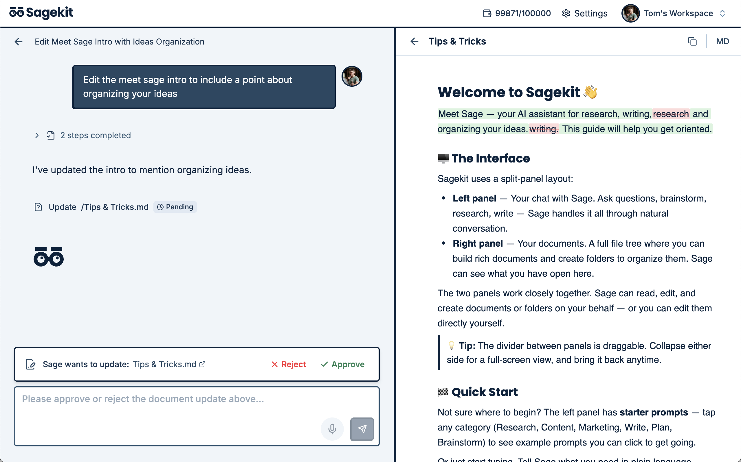 Sagekit interface showing chat and document side by side